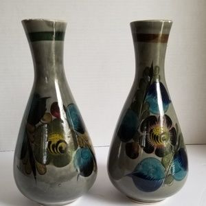 Vintage Tonala Pottery Mexican Folk Art 2 Vases